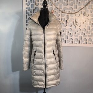Calvin Klein Packable Down Puffer Coat Womens M Silver Long Zip Jacket